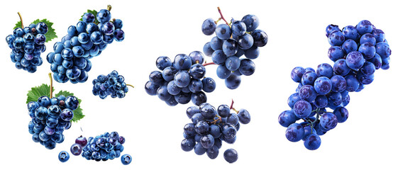 Aufkleber - Isolated blue grapes flying on white background. Bunch of falling berries. generative AI.