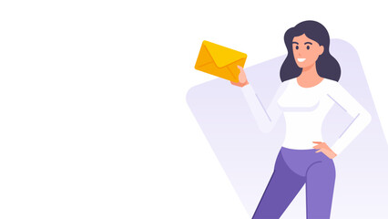 Poster - Woman with letter envelope postal service banner design template vector flat illustration