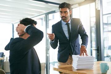 work, conflict or hr hand pointing at businessman in office with paper, stack or workload, deadline 