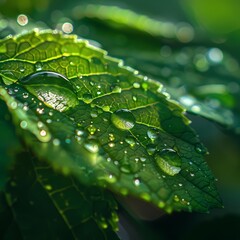 Large beautiful drops of transparent rain water on a green leaf macro By Generated AI