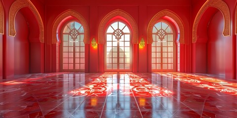 Wall Mural - Empty room in Arabic style. Realistic spacious 3d Arabic room with large windows light shines through the window