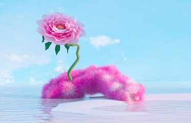 Aufkleber - Abstract beauty podium backdrop for product display with log and flower on the water. 3d seascape background.
