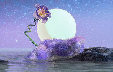Aufkleber - Abstract beauty podium backdrop for product display with log and flower on the water. 3d seascape background.