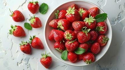 Wall Mural - Bowl with ripe red strawberries on light background, top view. Fresh strawberry flat lay, copy space.