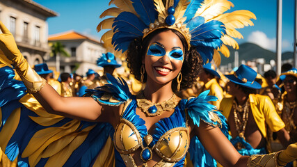 Photo of a woman in a vibrant blue and gold costume celebrating carnival in rio de Janeiro. Generative AI