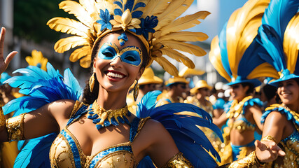 Photo of a woman in a vibrant blue and gold costume celebrating carnival in rio de Janeiro. Generative AI