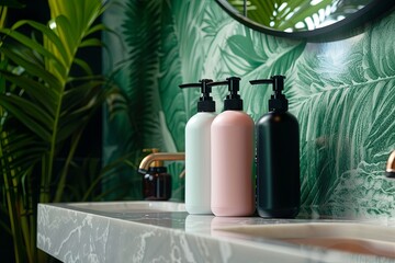 Aufkleber - Three sleek bottles of shampoo and conditioner sit on a marble countertop, with a lush green tropical plant and gold faucet in the background. Generative AI