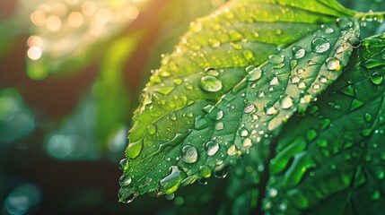 Wall Mural - Water drops on green leaf abstract background. Raindrops, water on leaf. Fresh, juicy, beautiful tree leaf close-up. Summer, nature background