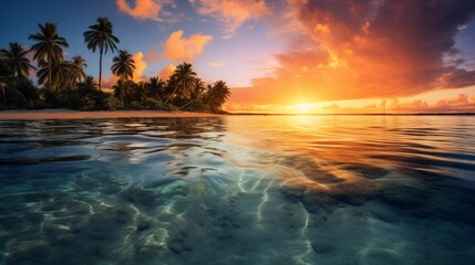 Breathtaking Sunset Over a Tropical Beach with Palm Trees and Calm Ocean Waters