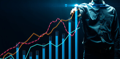 Poster - A person interacting with digital graphs and charts, creative image on a dark background, concept of analysis. Generative AI