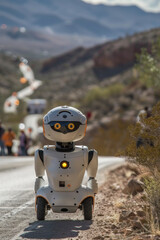 Poster - A robot walking down a road with people in the background, AI