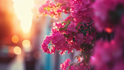 Sticker - A tree with pink flowers is in front of a building