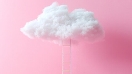 Aufkleber - Fluffy white cloud with a ladder on a pink background, creative concept of aspiration. Generative AI