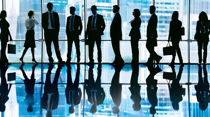 Sticker - Silhouetted business professionals standing and conversing in front of large windows with a cityscape view, reflecting teamwork and corporate culture.