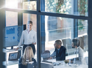 Poster - Business meeting, people and financial advisor for budget review with charts, statistics and fintech. Speaker, teamwork and accounting with technology for graphs, results and company audit in office