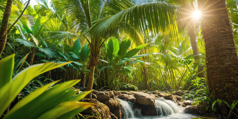 Poster - Jungle on a sunny day. Beautiful tropical rainforest illustration with exotic plants, palms, big leaves and flowing water. Bright sunbeams. Background with pristine nature landscape