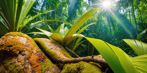 Wall Mural - Jungle on a sunny day. Beautiful tropical rainforest illustration with exotic plants, flowers, palms, big leaves and ferns. Bright sunbeams. Background with pristine nature landscape. 