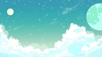Poster - Neutral abstract green sky and cloud with moon or planets copyspace background in light pastel color