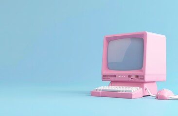 Retro pink style computer setup on pastel background