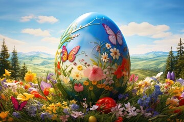 Aufkleber - a blue egg with flowers and butterflies on it, A large, colorful Easter egg sitting in a patch of spring flowers with blue sky in the background