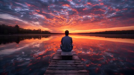Wall Mural - A man sitting on the end of an old wooden dock, facing away from camera with his back to sunset reflecting in lake behind him.