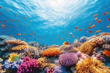 a coral reef with many different colored corals, A majestic scene of underwater marine life swimming around a beautiful coral reef