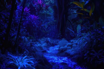 Aufkleber - a stream in the middle of a forest with blue lights, A mesmerizing bioluminescent jungle at midnight