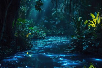 Aufkleber - a stream in the middle of a forest with blue lights, A mesmerizing bioluminescent jungle at midnight