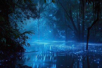 Aufkleber - a stream in the middle of a forest with blue lights, A mesmerizing bioluminescent jungle at midnight