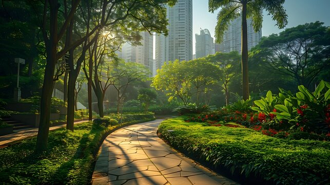 A photo of an urban park with green trees and lush vegetation, showcasing the beauty of nature in city life. captures the harmony between natural elements.