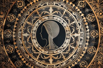 Poster - a colorful mosaic with a heart in the middle, An intricate mandala made up of symbols that represent women and gender equality
