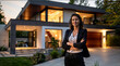 © Sébastien Jouve - Une femme agent immobilier se tient fièrement devant une maison moderne