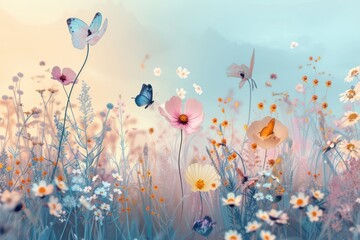 Poster - a field of flowers with a butterfly on top, A pastelcolored meadow filled with cheerful flowers and frolicking butterflies