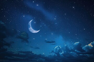 Poster - a night sky with a crescent and stars, A peaceful night sky filled with stars and a crescent moon, symbolizing World Sleep Day