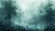 © Analogue - A digital portrayal of a misty morning in a dense forest. The scene is shrouded in a thin layer of fog, creating a dreamy and ethereal atmosphere. The minimalist style emphasizes the soft diffused