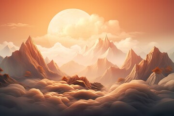 Wall Mural - a painting of a mountain scene with a full moon, A soothing scene of nature with a sleeping sun behind the mountains, mimicking human sleep for World Sleep Day