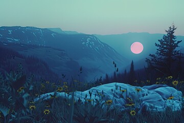Aufkleber - a mountain landscape with a sunset, A soothing scene of nature with a sleeping sun behind the mountains, mimicking human sleep for World Sleep Day