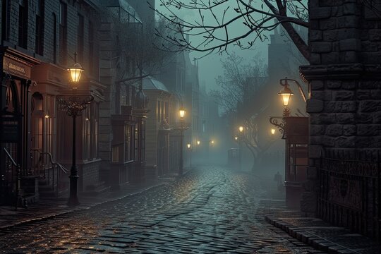 a street with a light on and a building in the background, A Victorian-era London street with cobblestones and gas lamps