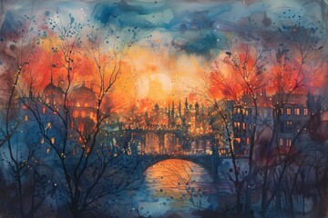 Wall Mural - a painting of a sunset over a river, Art Deco cityscape illuminated by golden light and geometric patterns