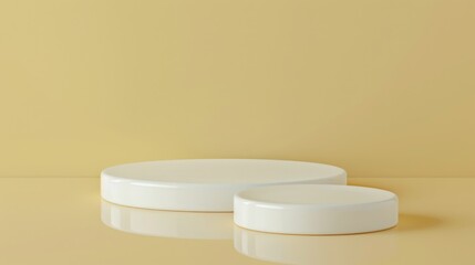 Aufkleber - Two white round pedestals of different heights are placed on a matching yellow background surface and wall.