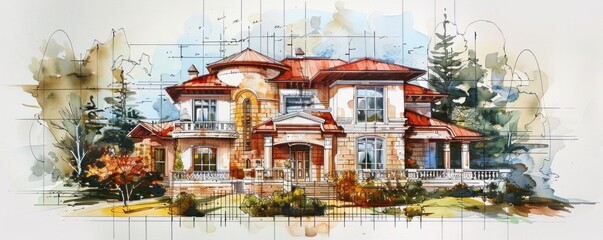 Wall Mural - The house is painted in a light color and has a lot of windows. Architecht drawing a sketch