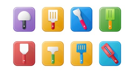 Canvas Print - Icon of a colored spatula on a white background Kitchen utensil symbol Symbol for BBQ spatula Tool for barbecuing and grilling Collection of icons in vibrant square buttons