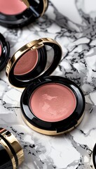 Poster - Close-up of compact cases with powder and blush on a marble surface. Generative AI