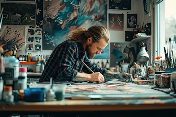 a woman is painting in an art studio, Document the process of a creative artist at work in their studio