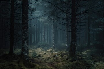 Aufkleber - a dark forest with a path in the middle, Focus on the contrast between light and darkness in a moody, atmospheric forest scene