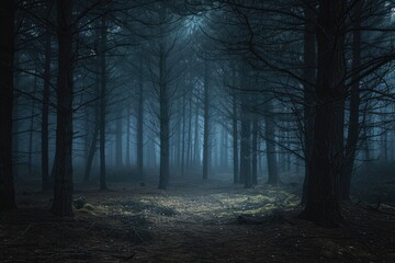 Aufkleber - a dark forest with a path in the middle, Focus on the contrast between light and darkness in a moody, atmospheric forest scene