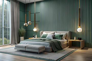 Wall Mural - A beautiful cozy minimalistic bedroom interior in white and dark green tones, super realistic 4K photography, detail, good sharpness of the frame.