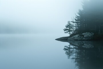 Poster - a tree is reflected in a lake on a foggy day, Photograph a serene landscape with a misty morning fog over a calm body of water