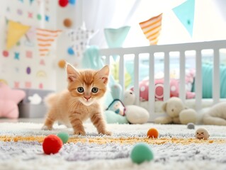 A kitten is playing with a bunch of colorful balls on a carpet