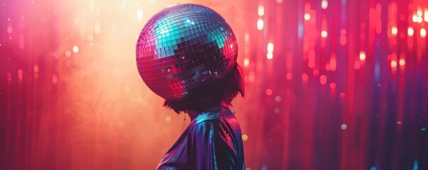 Wall Mural - A woman with a disco ball head. The woman is standing in front of a wall